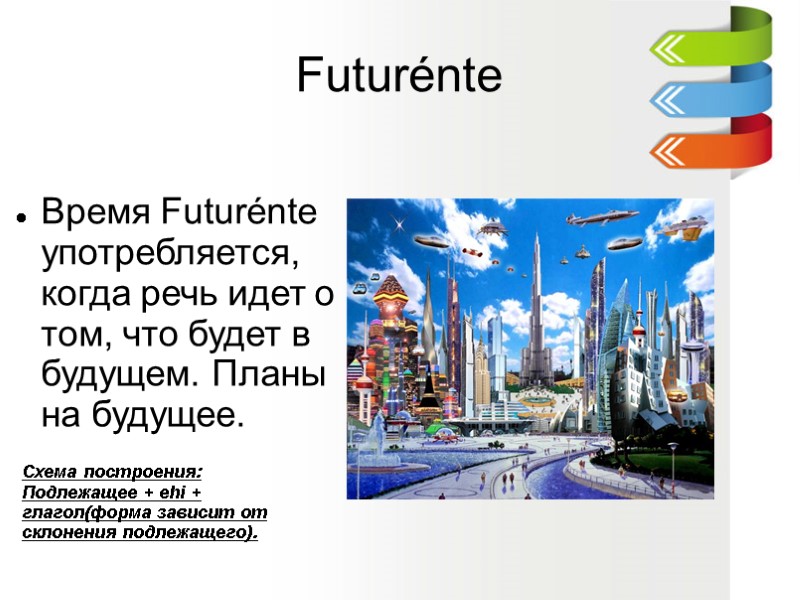 Futurénte Время Futurénte употребляется, когда речь идет о том, что будет в будущем. Планы